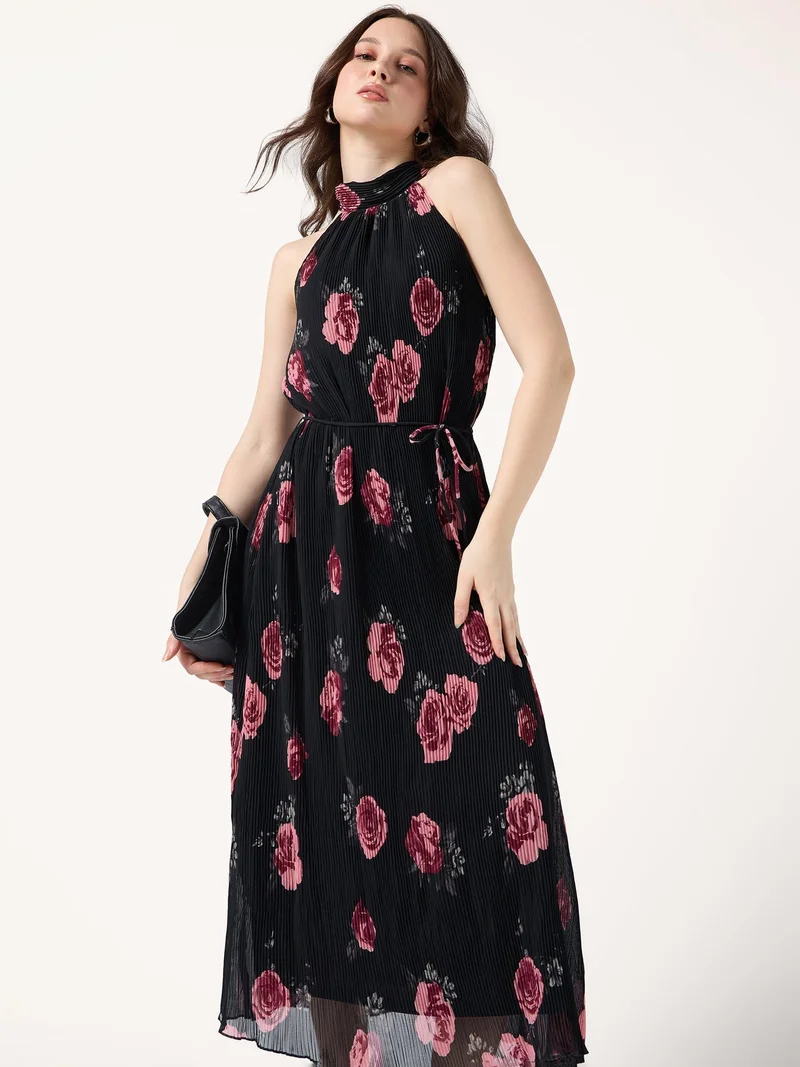 Outzidr  Black Halter Neck Floral Printed Dress for Women | Best Price UAE